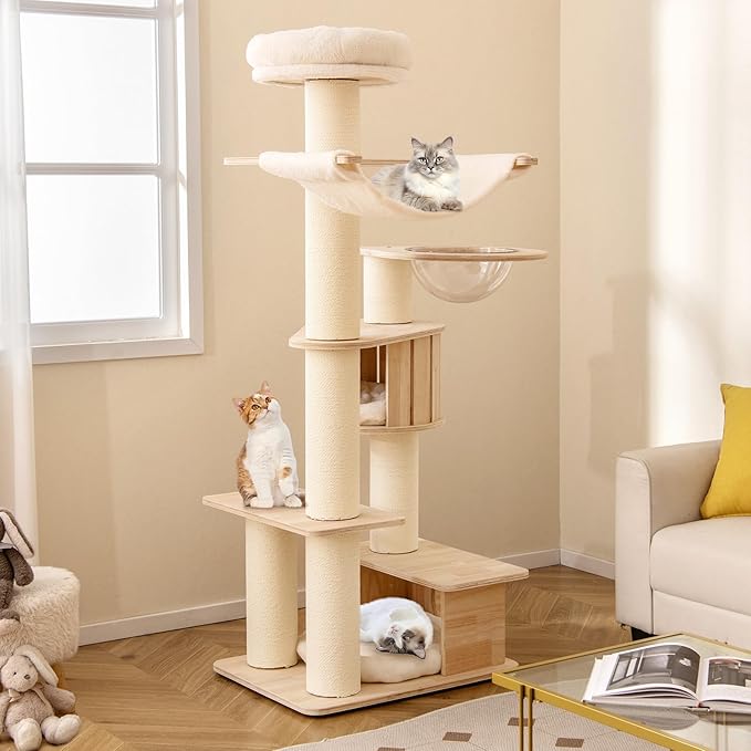 Tangkula 69” Tall Cat Tree, Multi-Layer Wood Cat Tower with Scratching Posts, Perch, Condo, Space Capsule, Hammock, Washable Cushions, Modern Cat Tree Tower for Indoor Cats Large Adult-Mewly Pet