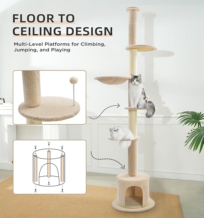 Made4Pets Floor to Ceiling Cat Tree 93-106'',Tall Cat Tower 5 Tiers, Adjustable Height, Stable Cat Tree Tower with Scratching Posts, Fluffy Condo, Hammock and Ball Toy for Indoor Cats/Kitten, Beige-Mewly Pet