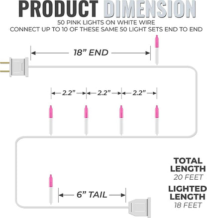 612 Vermont 50 Pink Christmas Lights on a White Wire String, UL Approved, Indoor and Outdoor Use, 9 Foot of Lighted Length, 11 Foot of Total Length