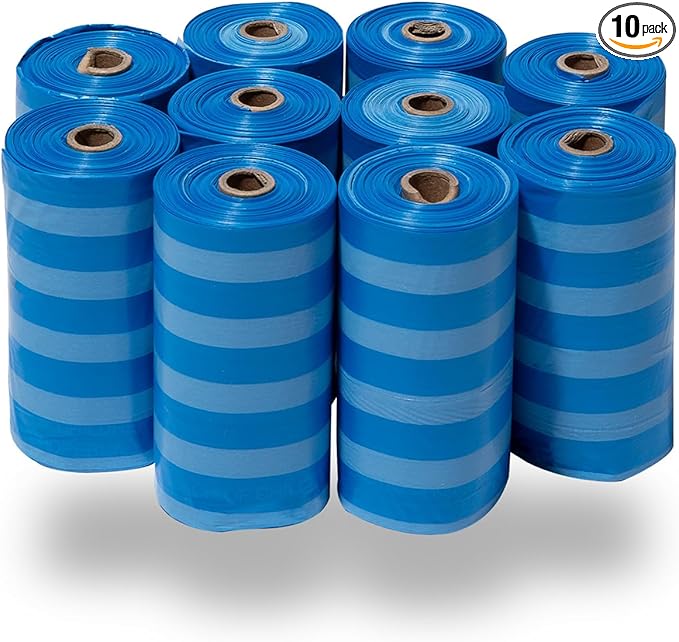 Best Pet Supplies Dog Poop Bags (150 Bags) for Waste Refuse Cleanup, Doggy Roll Replacements for Outdoor Puppy Walking and Travel, Leak Proof and Tear Resistant, Thick Plastic - Blue Strips-Mewly Pet