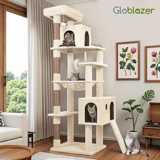 Globlazer Heavy Duty Cat Tree Tower, 70inch Sturdy Cat Tree for Indoor Cats Sturdy Large Cat Tower with Scratching Post and Scratching Board, Hammock, Cat Condo for Adult Cats Kittens, F70 Pro, Beige-Mewly Pet