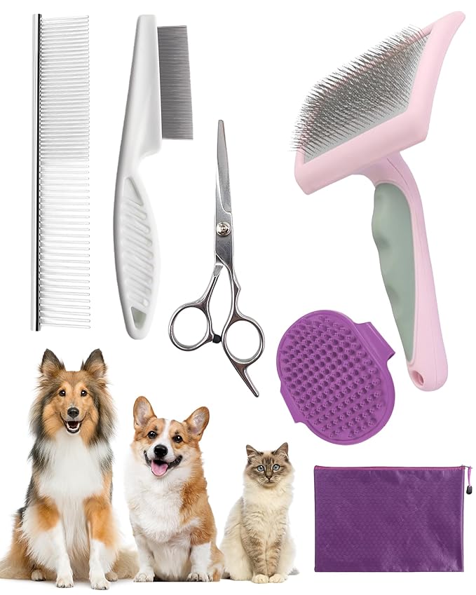 Dog Brush for Shedding Grooming,6 Pack Long-Pin Brush Set for Long Haired Dog Cat Goldendoodles Poodles Doodles Purple-Mewly Pet