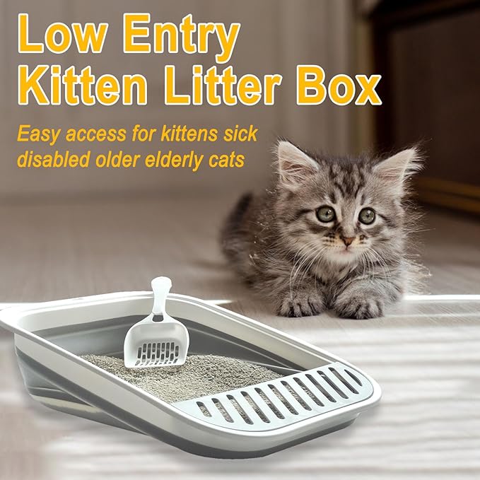 Low Entry Kitten Litter Box, Collapsible Shallow Litter Box Senior Cats Anti-Splashing Kitty Training Open Potty Pan Scoop Leak-Proof Pedal Cat Toilet No Smell Easy Clean-Mewly Pet