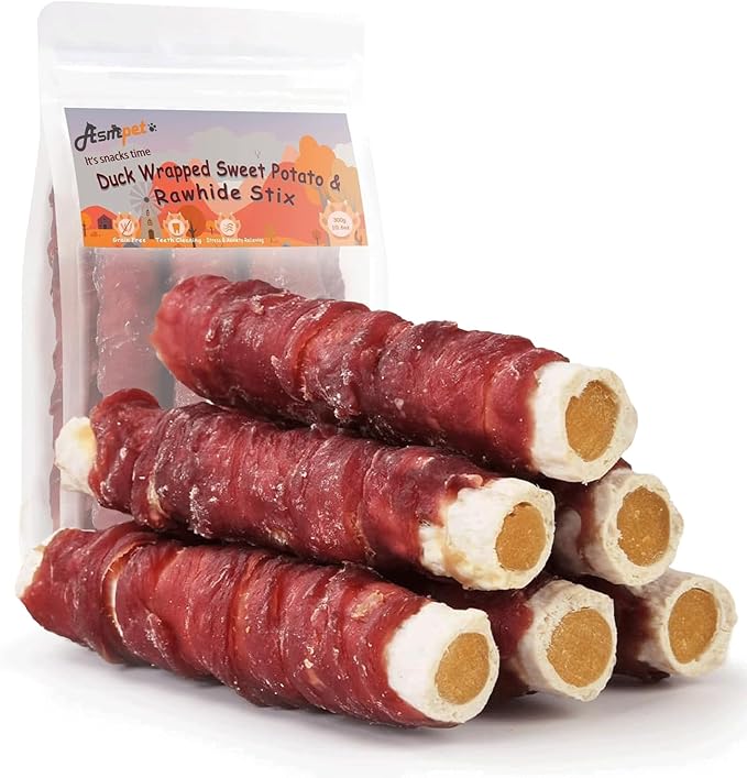 ASMPET Dog Treats Chews, Duck Wrapped Rawhide Sticks Filled with Sweet Potato for Small Medium Large Dogs（6pcs）-Mewly Pet