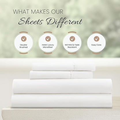 Linen Market Brushed Microfiber Queen Sheet Set 4 Piece – Oeko-TEX Certified Ultra Soft & Wrinkle-Free - 16" Deep Pocket Sheets - Easy Care Queen Size - White