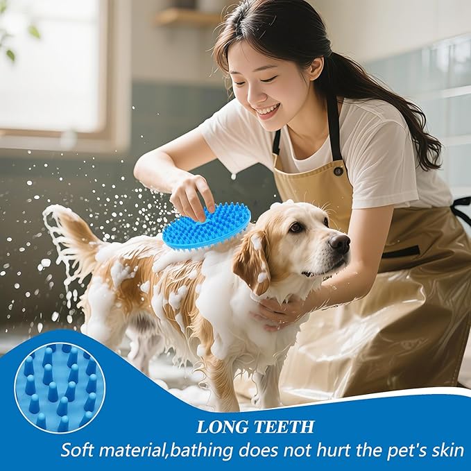 Dog Grooming Brush, Lilpep Pet Shampoo Bath Brush Soothing Massage Rubber Comb with Adjustable Ring Handle for Long Short Haired Dogs and Cats (2 pale blue, 2 sided brush)-Mewly Pet