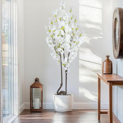 7.2 ft White Artificial Cherry Blossom Tree for Home Decor, Nearly Nature Faux Silk Flower Tree Indoor, Fake Realistic White Flowering Plant for Living Room Wedding Office Decorations