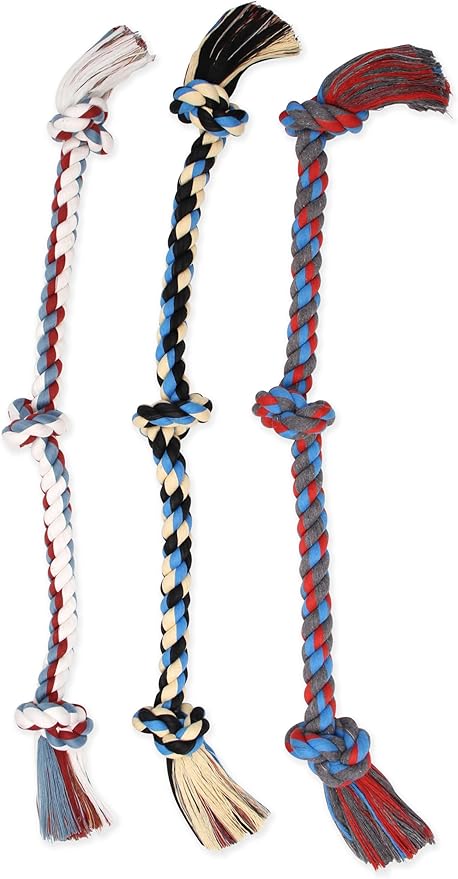 Mammoth Flossy Chews Assorted Color Rope, Premium Cotton-Poly 3 Knot Tug Dog , X-Large-Mewly Pet