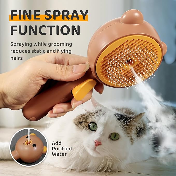 Cat Steam Brush, Self Cleaning Pet Spray Hair Removal Comb with Release Button, 3 In 1 Cat Brush for Indoor Cats, Waterproof Pet Grooming Brushes for Long Short Haired Dogs Cats（Brown）-Mewly Pet