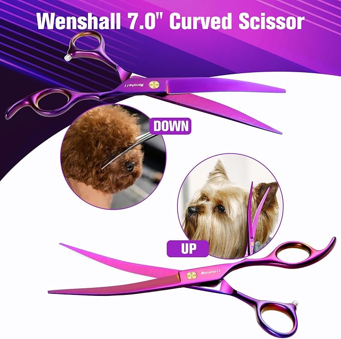 Professional Dog Grooming Scissors Set - 6.5" Thinning, 7" Straight, 7" Up-Curved, 7" Down-curved Scissors and Comb for Dog Cat Pet (Purple)-Mewly Pet