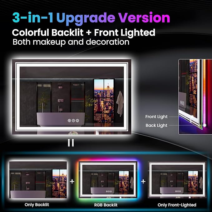 LED Mirror for Bathroom, 60"X30" with 8 RGB Backlit +3 Front Lit (Adjustable Individually), Anti-Fog, Large Lighted Bathroom Vanity Mirror for Wall,Shatterproof,Memory Function,Tempered Glass