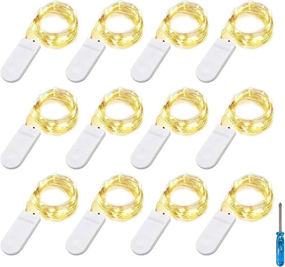 Fairy Lights CR2032 Battery Operated,6.6Ft/2Meter 20 LEDs Micro Silver Wire String Lights for Bedroom Christmas Party Wedding Decoration(Warm White, 12 Pack)