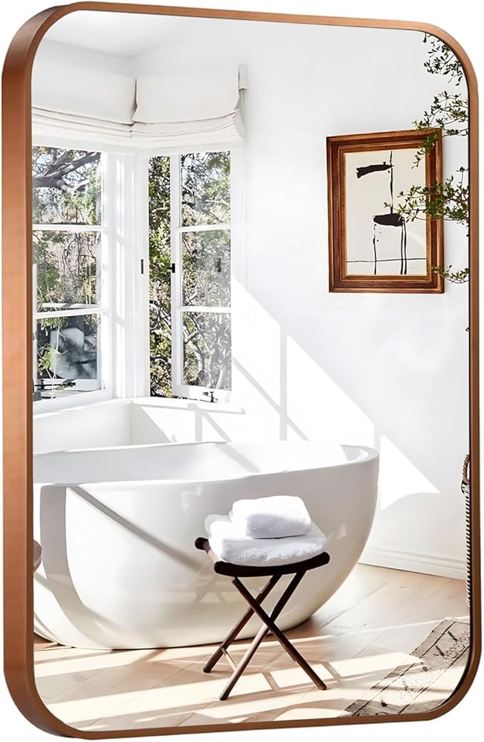 22"x30" Brushed Bronze Bathroom Mirror for Wall, Rounded Rectangle Mirror with Brown Metal Frame Hanging for Bathroom Entryway Vanity,Living Room,Bedroom,Vertical or Horizontal