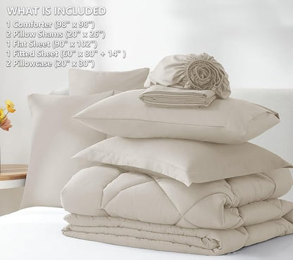 CozyLux Oversized Queen Comforter Set Beige - 7 Pieces Bed in a Bag Comforter Set with Sheets, Luxury Soft Bed Set All Seasons, Bedding Set with Down Alternative Comforter, Sheets, Pillowcases & Shams