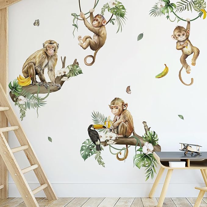decalmile Wild Monkey Climbing Tree Wall Decals Jungle Animals Vine Leaves Wall Stickers Baby Nursery Kids Room Living Room Wall Decor
