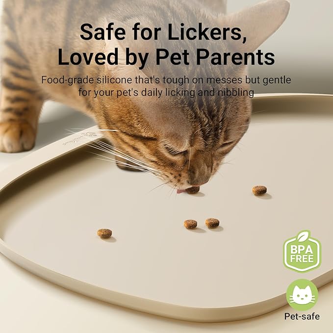 DownyPaws Dog Food Mats for Floors Waterproof, BPA Free Silcone Dog Bowl Mat, Non-Slip Pet Feeding Mat with High Raised Edge, Cat Placemat for Messy Drinkers, 18"×12.5", Almond-Mewly Pet