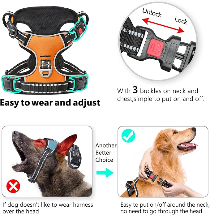 Timos Dog Harness Large Sized, No Pull with Neck Lockable Snap,No Choke Front Clip Dog Reflective Harness,Adjustable Metal Rings 3 Buckles,Easy Control Handle for Large Dogs Orange XL-Mewly Pet