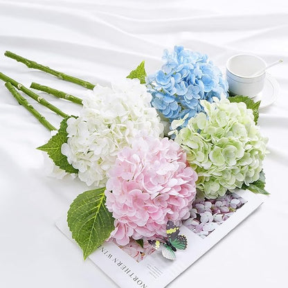 Waipfaru 21" Real Touch Green Hydrangea Artificial Flowers with Long Stem & Leaves, Full Latex Faux Hydrangea Flowers for Home Decor Party Floral Arrangements Wedding Bouquets Centerpieces, 5Pcs