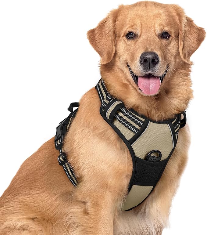rabbitgoo Dog Harness No Pull with 2 Leash Clips, Adjustable Soft Padded, Reflective Oxford No Choke Pet Vest with Easy Control Handle for Large Dogs, Beige, XL-Mewly Pet