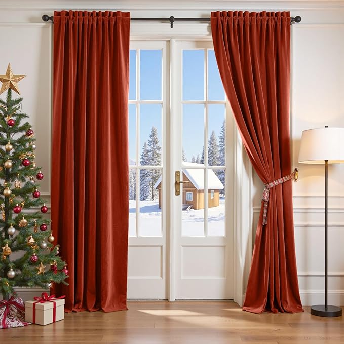 Lazzzy Velvet Blackout Curtains Thermal Insulated Room Window Drapes Super Soft Luxury Curtains for Living Room Bedroom Rod Pocket 2 Panels, Rust Red, 52" W x 84" L
