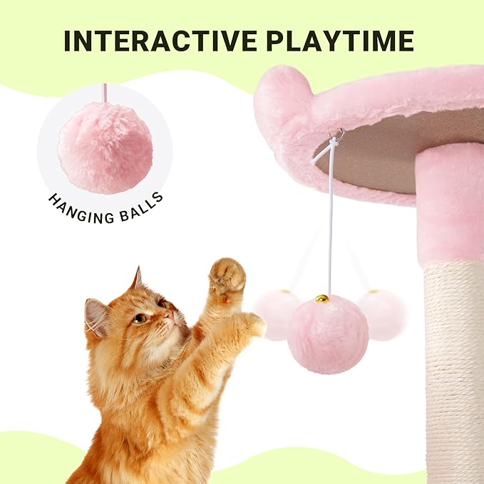Allewie 64 Inches Cat Tree Tower/Multi-Level Activity Center for Indoor Big Felines/2 Plush Condos/2 Perchs/Basket/House/Sisal Scratching Posts/Hanging Cat Toys/Pink-Mewly Pet