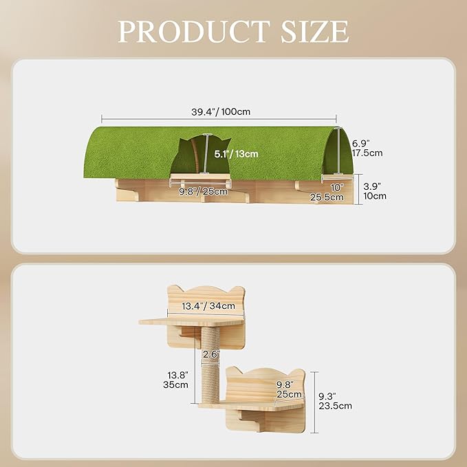 Cat Wall Shelves and Perches, Solid Wood Wall Cat Furniture, Set of 7 Feline Climbing Shelves with Bed, Steps, Scratching Post and Tunnel-Mewly Pet