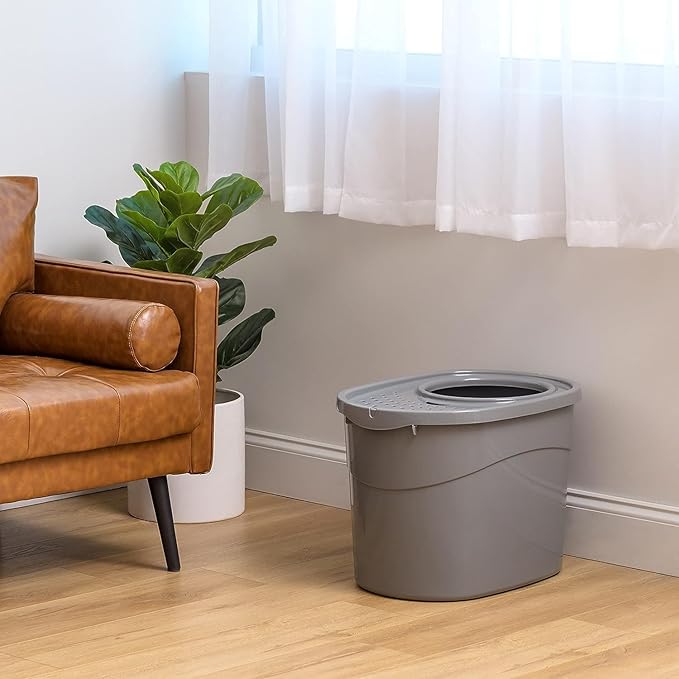 Amazon Basics Large Cat Litter Box with High Sides, Top Entry, Includes Scoop, 20.5 x 14.75 x 14.38 inches, Grey-Mewly Pet