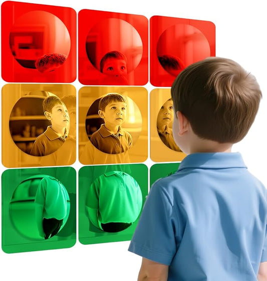 Geiserailie 9 Pcs Christmas Sensory Wall Mirror Acrylic Bubble Mirror Toys for Classroom Calming Corner Items - Sensory Room Have Visual, Tactile Stimulation (6 x 6 Inch,Red,Yellow,Green)