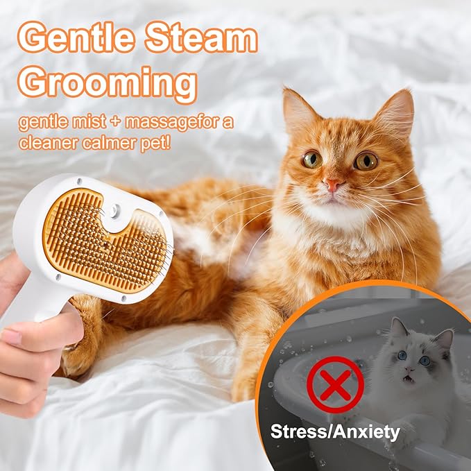Cat Steam Brush, Pet Steam Brush for Cat & Dog, Mist Spray Comb, Spritz Defur Tool, Water Grooming Kit, Dog Hair Removal Steam Cleaner with Release Button-Contains 2*shampoo-Mewly Pet