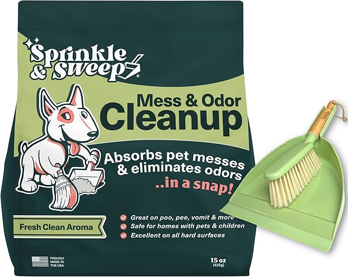 Sprinkle & Sweep Pet Accident Cleanup for all Hard Surface - Non Toxic Quick Pet Mess Cleaner & Odor Remover for Urine, Poop, Vomit, Diarrhea & Potty Training, Hair Balls (1Bag + Sweeper Kit)-Mewly Pet