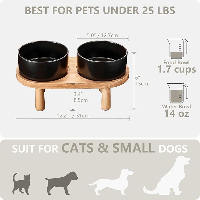 Ceramic Elevated Dog Bowls, Pet Food and Water Bowl Set for Small Dogs and Cats, 1.7 Cups Elevated Cat Bowls with Wood Stand, 14OZ, Black-Mewly Pet
