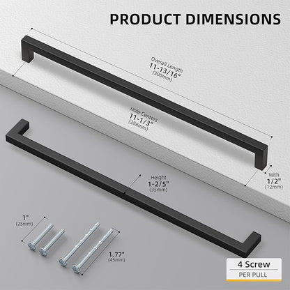 goldenwarm 150 Pack 11-1/3 Inch Black Cabinet Handles Matte Black Drawer Pulls Stainless Steel Cabinets Hardware Square Bar Modern for Kitchen Bathroom Cupboard
