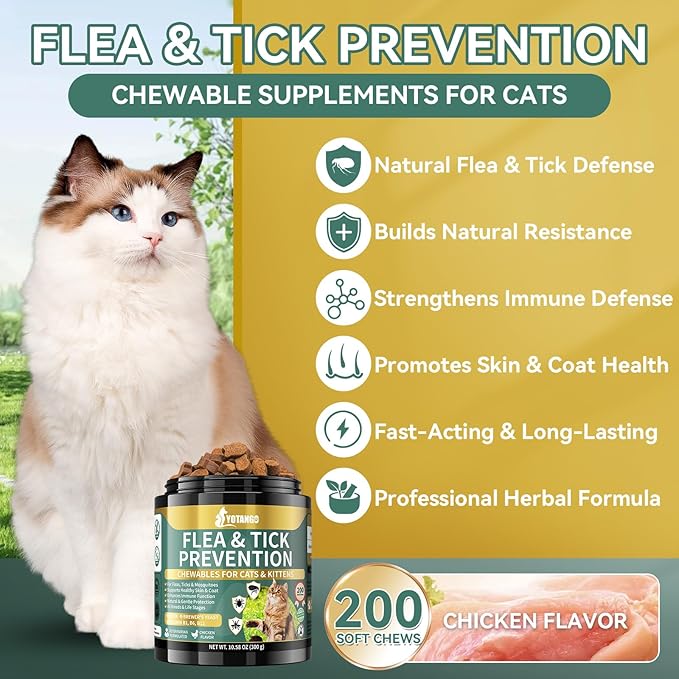 Natural Flea Treatment for Cats Chewables, 200 Soft Treats Flea and Tick Prevention for Cats, Oral Flea Supplement for Kitten Cat, Cat Flea and Tick Treatment, Skin & Coat Support - All Breeds & Ages-Mewly Pet
