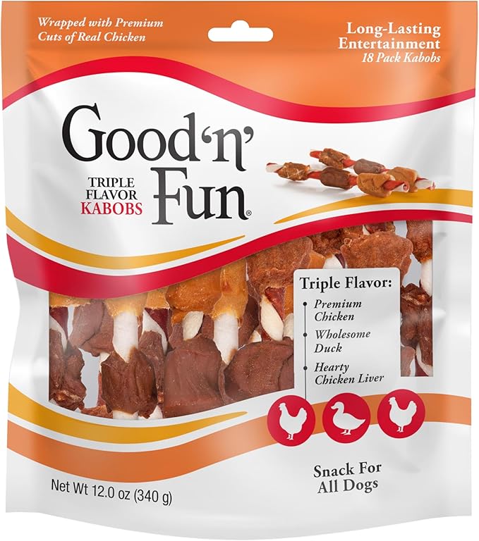 Good ‘n’ Fun Triple Flavor Kabobs Chews for All Dogs, 18 Count, Treat Your Dog to Chews Made from Beef Hide, Real Chicken, Pork Hide, Duck and Chicken Liver-Mewly Pet