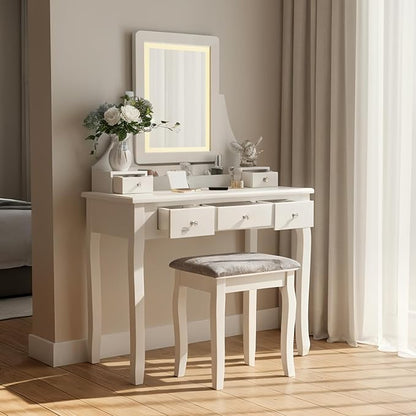 BEWISHOME Vanity Desk, Girls Vanity Set with Mirror and Lights,Small Makeup Vanity Table with 5 Drawer & Stool,Dressing Table with 3 Colors Lighting Adjustable Brightness for Girls White FST07W