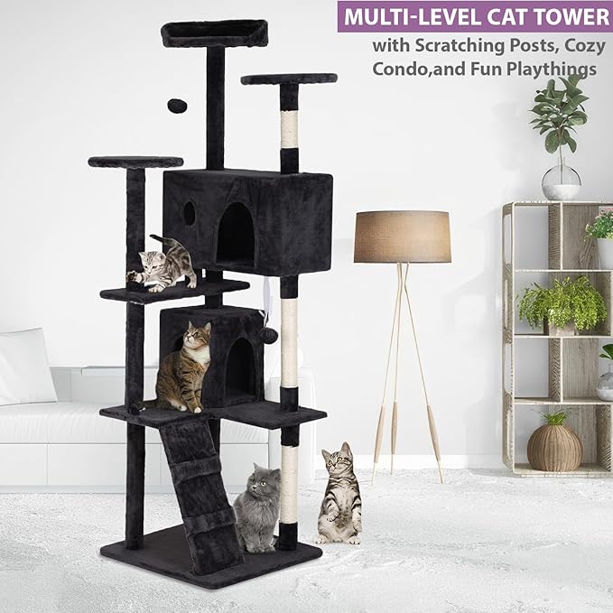 70 inches Cat Tower for Indoor Cats Multi-Level Cat Condos for XL Cat Tree Cat Climbing Tower with Scratching Posts, Hanging Toys,Dark Gray-Mewly Pet
