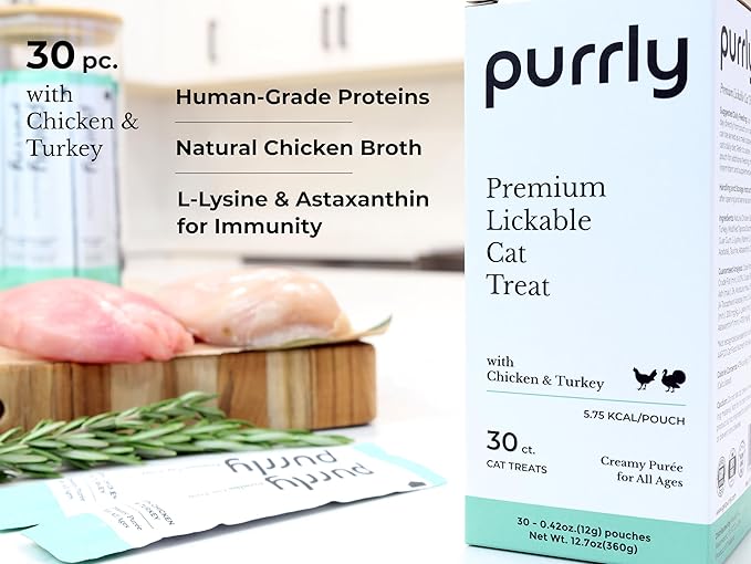 Purrly Interactive Lickable Cat Treats Low Calorie Human-Grade Chicken Breast & Turkey with L-Lysine & Astaxanthin for Immunity (30 Count) Non-Seafood Hydrating BPA-Free for All Ages-Mewly Pet