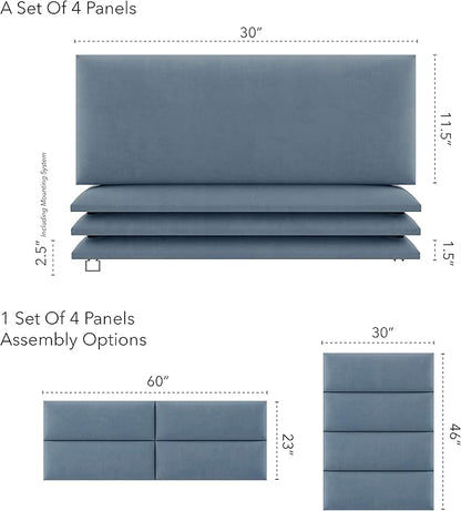 Vänt Upholstered Wall Panels - Queen/Full Size Wall Mounted Headboards - Micro Suede Blue - Set of 4 Panels (Each Individual Panel 30"x11.5")