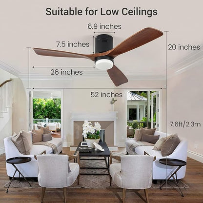 Ceiling Fans with Lights, 52" Wood Ceiling Fan with Remote Control, 3 Walnut Fan Blades Reversible Quiet DC Motor 6 Speeds Timing Farmhouse Ceiling Fan for Bedroom/Living Room/Study/Porch