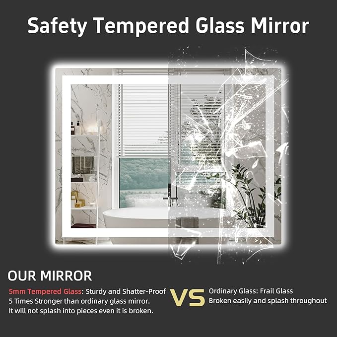 LED Bathroom Mirror 44"x 36", Double Lighting Sources Dimmable, Front and Backlit Bathroom Mirror with Lights, Anti-Fog Lighted Bathroom Vanity Mirror, Tempered Glass (Horizontal/Vertical)