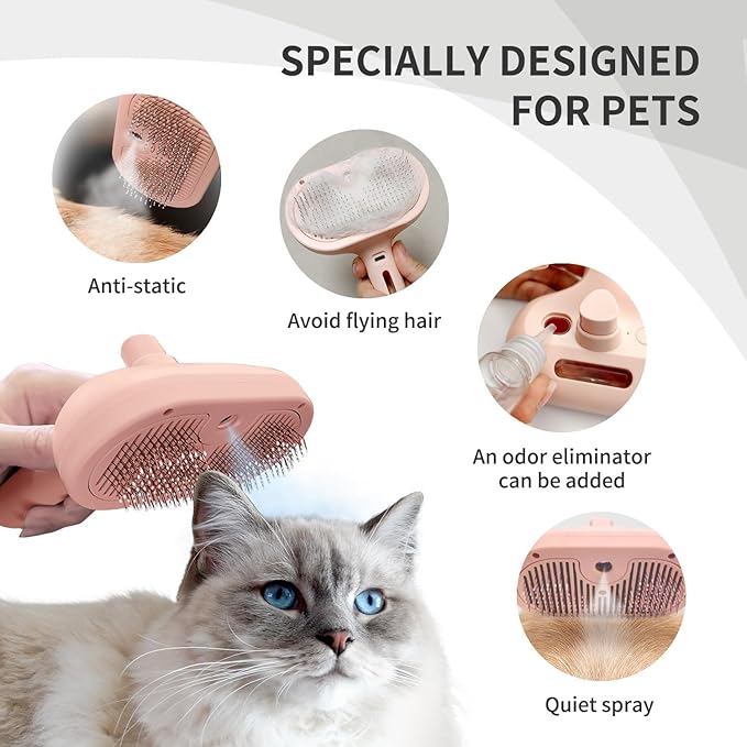 3-in-1 Steam Brush with Release Button and Tank, Anti-Static Pet Brush for Long and Short Hair - Removes Tangles and Loose Hair (Pink)-Mewly Pet