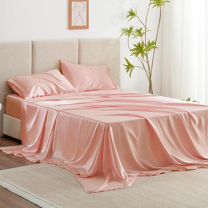 Love's cabin California King Satin Sheet Sets - 4 Piece Coral Silky Sheets Bed Set with Deep Pocket, Luxury Silk Feel Satin Cal King Sheet Set (1 Flat Sheet,1 Fitted Sheet,2 Pillow Cases)