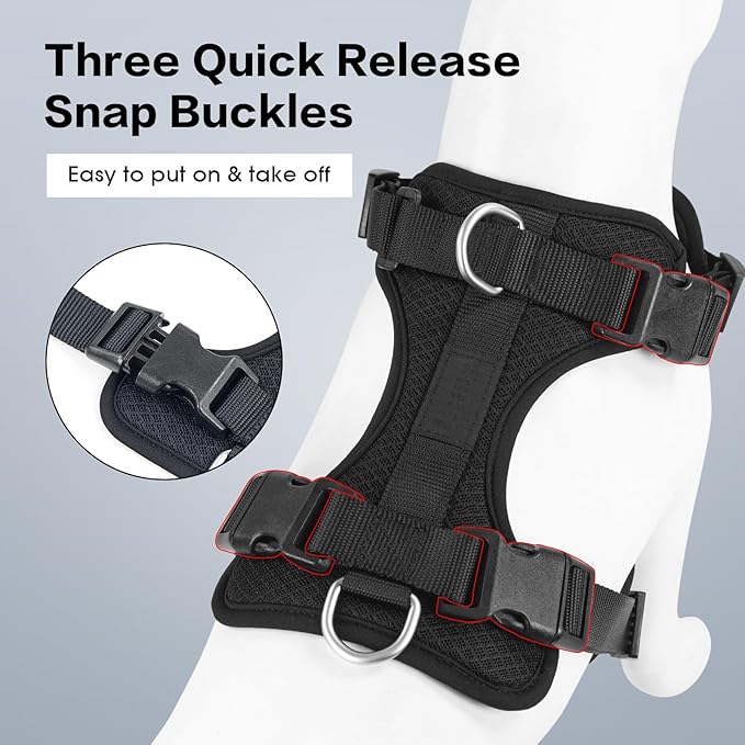 Wisedog Mesh Breathable Dog Harness: No Pull Harness with 3 Fast-Release Buckles Adjustable for Walking & Training for Small Medium Large Dogs (Black, L: Neck=20"-25"/Chest=17"-33")-Mewly Pet