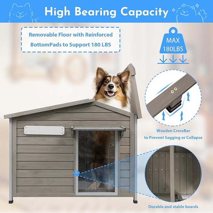 Outdoor Dog House Weatherproof Large Wooden Dog Kennel Indoor for Small Dogs with Chew-Proof Frame, Oxford Fabric Window, Removable Floor Pet Shelter (Grey, 40.1" D x 26.4" W x 28" H)-Mewly Pet