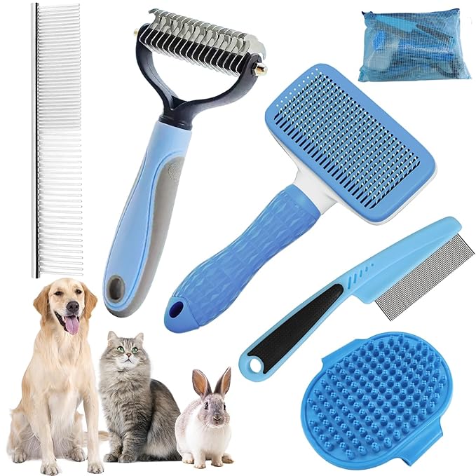 Dog Brush for Shedding,6 PCS in One Pet Slicker Hair Brush Kit Organizer Bag - Dog Cat Grooming Deshedding Undercoat Rake Brush Comb for All Small Large Dogs Cats Blue-Mewly Pet