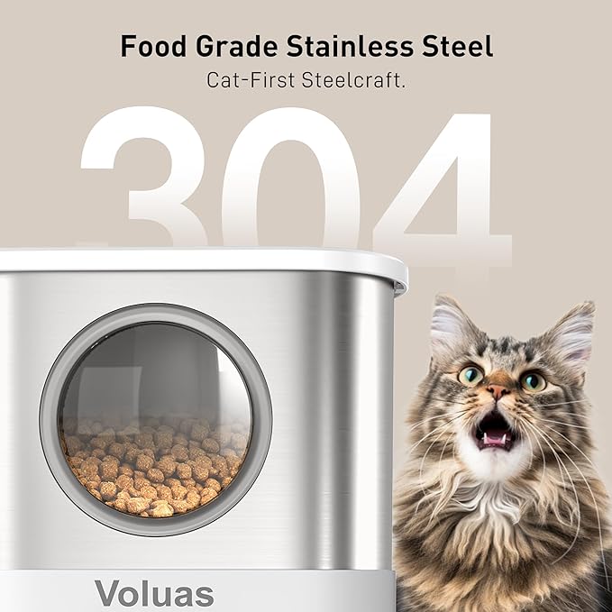 VOLUAS Automatic Cat Feeders for Two Cats,Stainless Steel 5L Pet Feeder for Cats and Dogs Timed Cat Feeder Pet Dry Food Dispenser, White-Mewly Pet