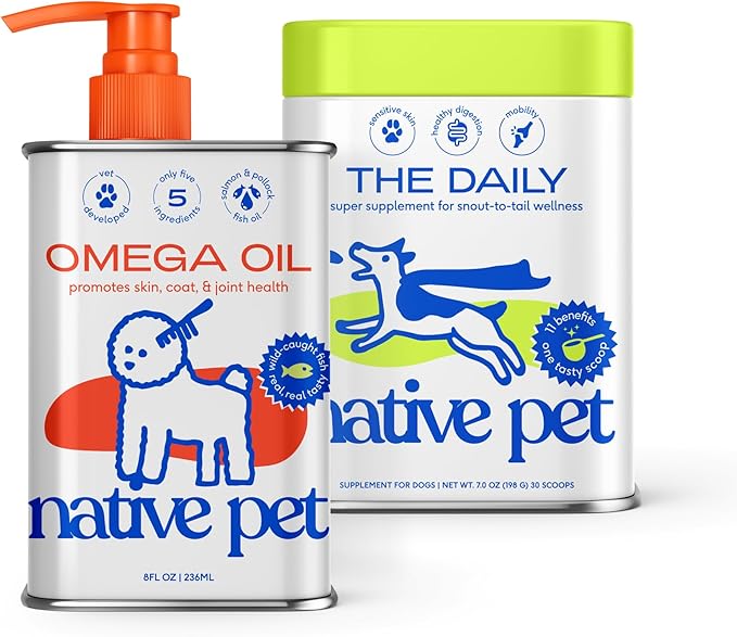 Native Pet Pack Leaders Bundle - Daily Dog Multivitamin (7 oz.) & Omega Oil for Dogs (8 oz.) - Omega 3 Fish Oil for Healthy Skin, Shiny Coat, & Strong Joints & Daily Multivitamin for Dogs-Mewly Pet