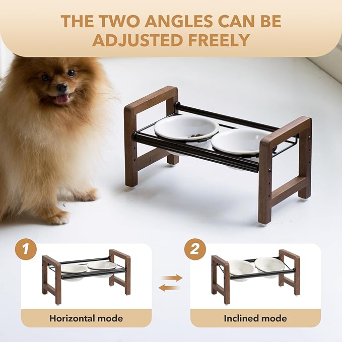 5.5inch Ceramic Adjustable Raised Double Bowls Set with Stand, 3 Heights Elevated, 2 Placement Options,Food and Water Dishes for Puppy, Cats（Double Bowls+Stand, Reactived Glaze -White-Mewly Pet