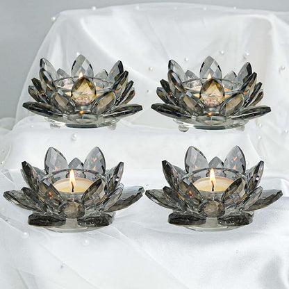 Lotus Black Crystal Tea Candle Holder Crystal Wishing Tealight Candlestick Stand Exquisite Desktop Decoration Holiday Celebration Wedding Restaurant Party Atmosphere Decoration (4 Pcs, Dark Grey)