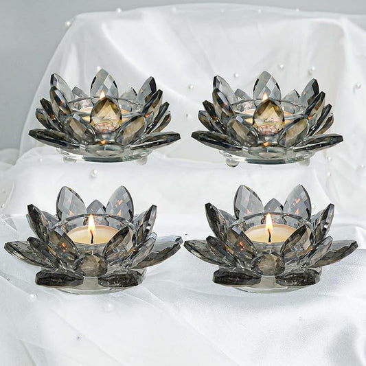 Lotus Black Crystal Tea Candle Holder Crystal Wishing Tealight Candlestick Stand Exquisite Desktop Decoration Holiday Celebration Wedding Restaurant Party Atmosphere Decoration (4 Pcs, Dark Grey)